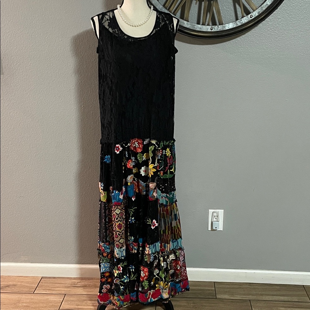 JOHNNY WAS BY BIYA EMBROIDERED AND LACE Black and Multicolor Maxi Dress